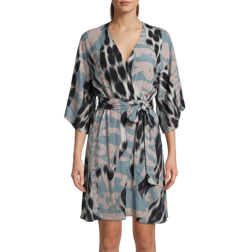 Just Cavalli Abstract Print Tie Waist Dress Blue Multicolor Women's Size 40